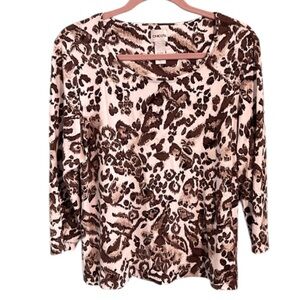 Chico’s Animal Leopard Tiger Print Stretch Top Blouse 2 Medium 12 Scoop Neck